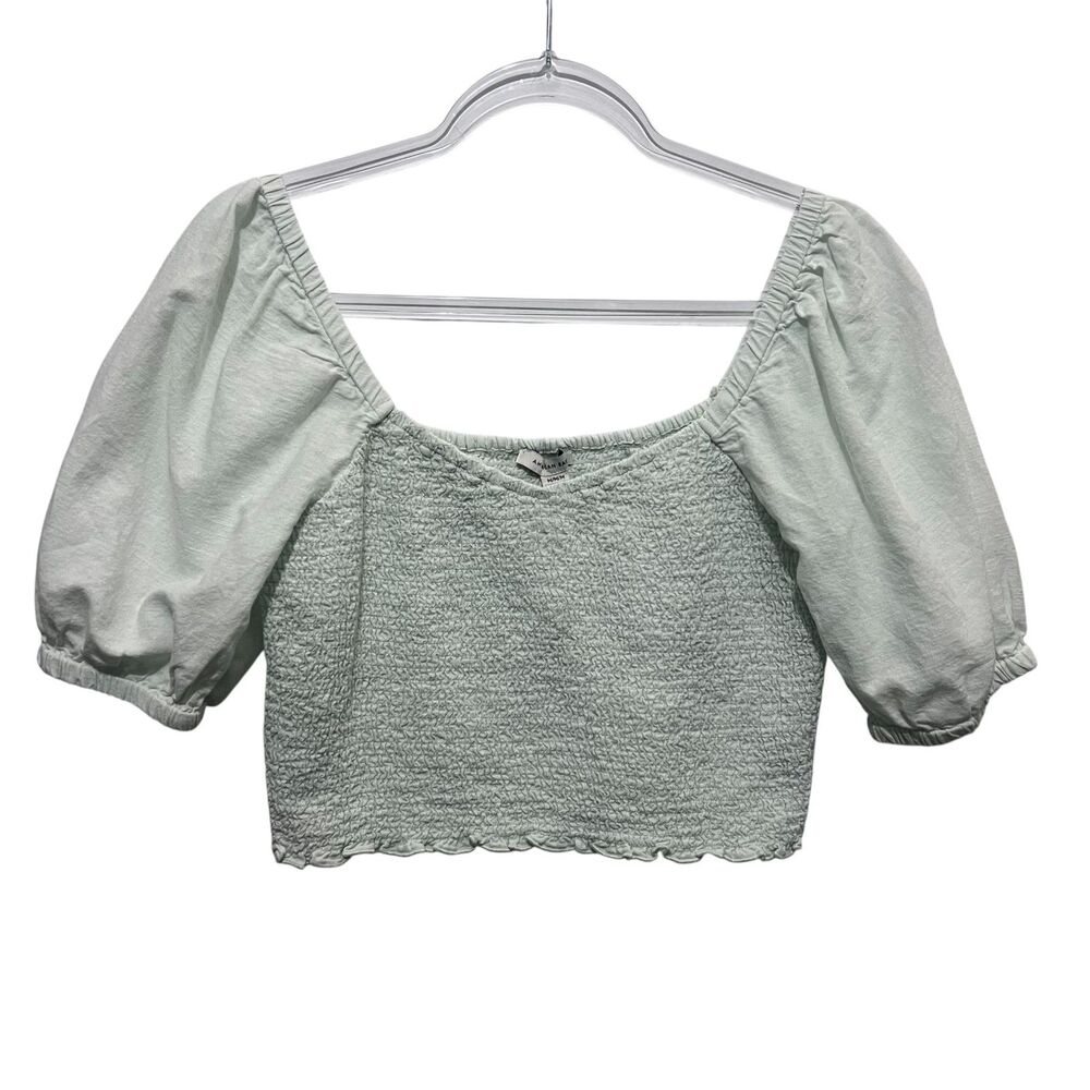 American Eagle Linen Blend Smocked‎ Crop Top M Romantic Pale Green Cottagecore